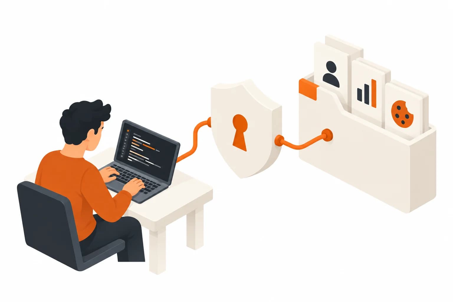 A developer at a laptop beside a shield and cards representing profile data, analytics, and cookies.